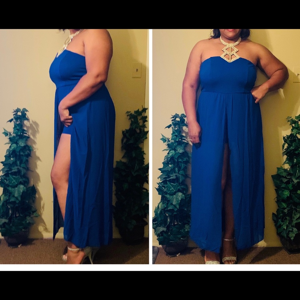 Plus Size Blue Romper Bling Neck Dress